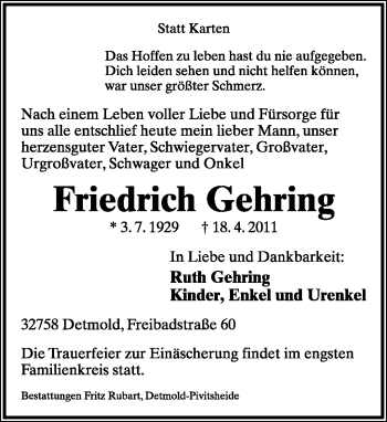 Anzeige  Friedrich Gehring  Lippische Landes-Zeitung