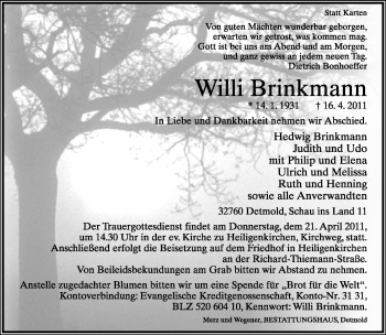 Anzeige  Willi Brinkmann  Lippische Landes-Zeitung