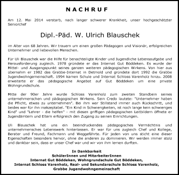 Anzeige  Ulrich Blauschek  Lippische Landes-Zeitung