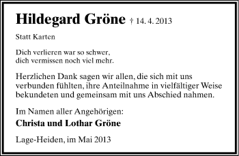 Anzeige  Hildegard Gröne  Lippische Landes-Zeitung