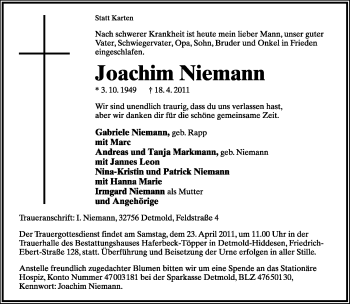 Anzeige  Joachim Niemann  Lippische Landes-Zeitung
