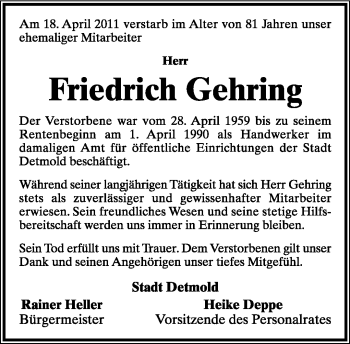 Anzeige  Friedrich Gehring  Lippische Landes-Zeitung
