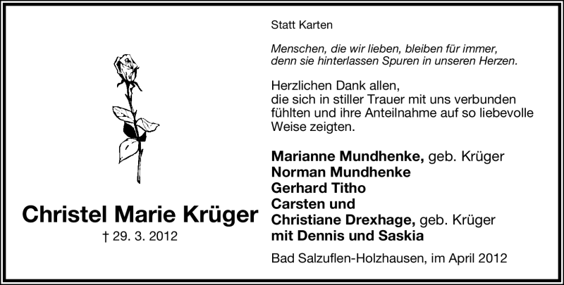  Traueranzeige für Christel Marie Krüger vom 28.04.2012 aus Lippische Landes-Zeitung