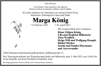 Anzeige  Marga König  Lippische Landes-Zeitung