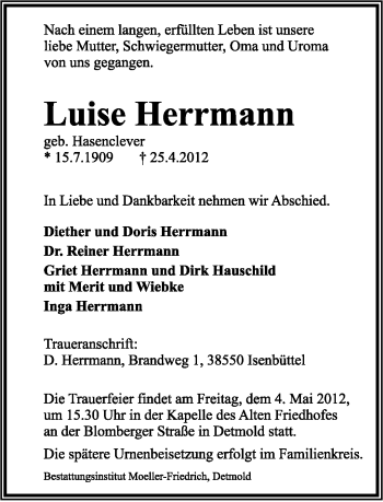 Anzeige  Luise Herrmann  Lippische Landes-Zeitung