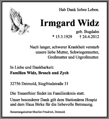 Anzeige  Irmgard Widz  Lippische Landes-Zeitung