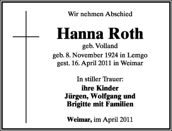 Anzeige  Hanna Roth  Lippische Landes-Zeitung