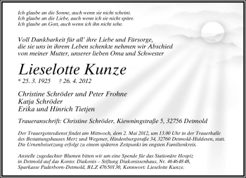 Anzeige  Lieselotte Kunze  Lippische Landes-Zeitung