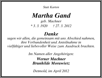 Anzeige  Martha Gand  Lippische Landes-Zeitung