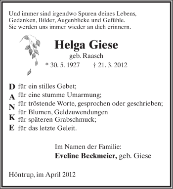 Anzeige  Helga Giese  Lippische Landes-Zeitung