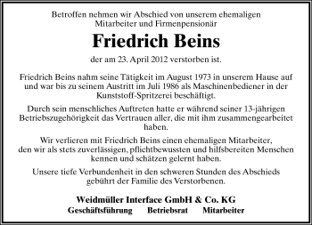 Anzeige  Friedrich Beins  Lippische Landes-Zeitung