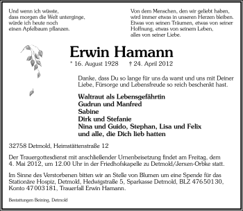 Anzeige  Erwin Hamann  Lippische Landes-Zeitung