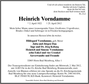 Anzeige  Heinrich Vornfamme  Lippische Landes-Zeitung