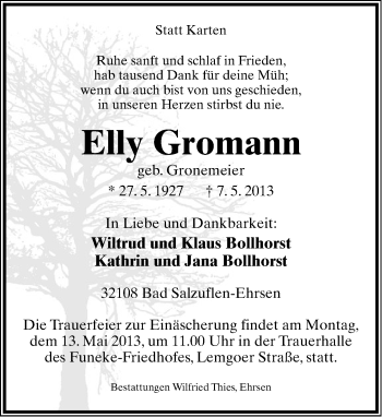 Anzeige  Elly Gromann  Lippische Landes-Zeitung