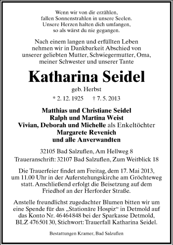 Anzeige  Katharina Seidel  Lippische Landes-Zeitung