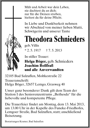 Anzeige  Theodora Schnieders  Lippische Landes-Zeitung