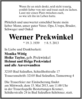 Anzeige  Werner Prekwinkel  Lippische Landes-Zeitung