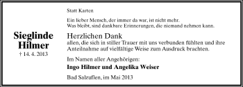 Anzeige  Sieglinde Hilmer  Lippische Landes-Zeitung