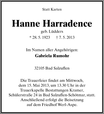 Anzeige  Hanne Harradence  Lippische Landes-Zeitung