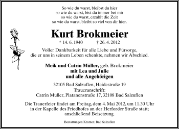 Anzeige  Kurt Brokmeier  Lippische Landes-Zeitung