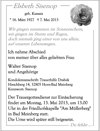 Anzeige  Elsbeth Sisenop  Lippische Landes-Zeitung