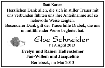 Anzeige  Else Schneider  Lippische Landes-Zeitung