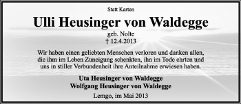 Anzeige  Ulli Heusinger von Waldegge  Lippische Landes-Zeitung