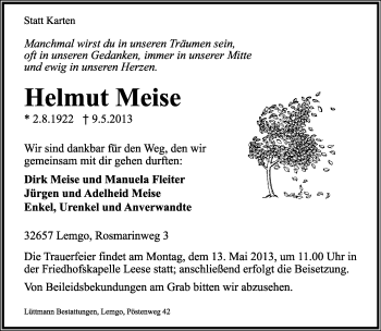Anzeige  Helmut Meise  Lippische Landes-Zeitung