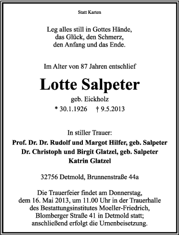 Anzeige  Lotte Salpeter  Lippische Landes-Zeitung