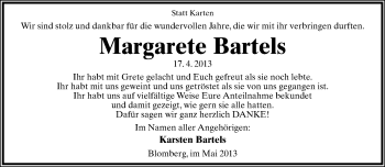 Anzeige  Margarete Bartels  Lippische Landes-Zeitung