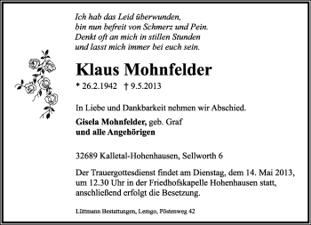Anzeige  Klaus Mohnfelder  Lippische Landes-Zeitung