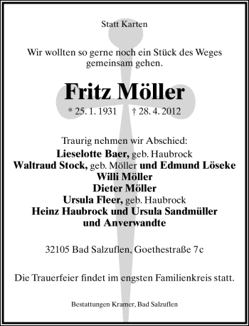 Anzeige  Fritz Möller  Lippische Landes-Zeitung