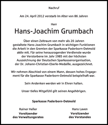 Anzeige  Hans-Joachim Grumbach  Lippische Landes-Zeitung