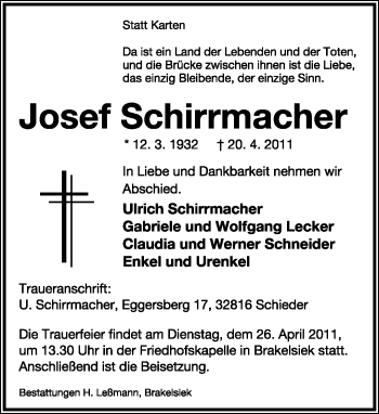 Anzeige  Josef Schirrmacher  Lippische Landes-Zeitung