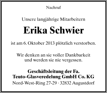 Anzeige  Erika Schwier  Lippische Landes-Zeitung