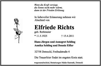 Anzeige  Elfriede Richts  Lippische Landes-Zeitung