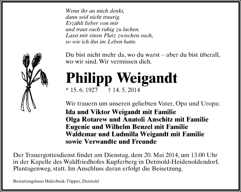  Traueranzeige für Philipp Weigandt vom 17.05.2014 aus Lippische Landes-Zeitung