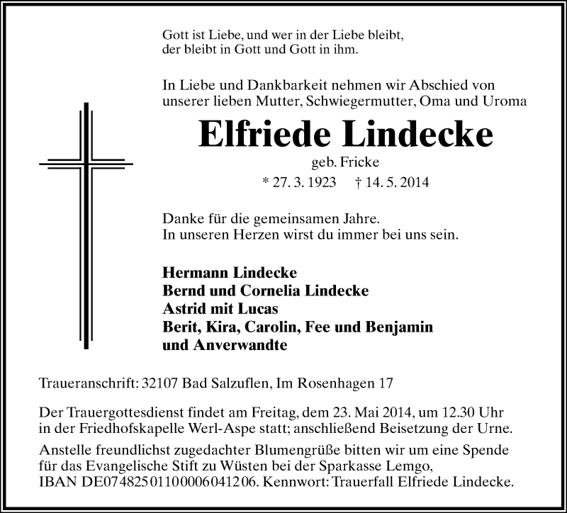  Traueranzeige für Elfriede Lindecke vom 17.05.2014 aus Lippische Landes-Zeitung