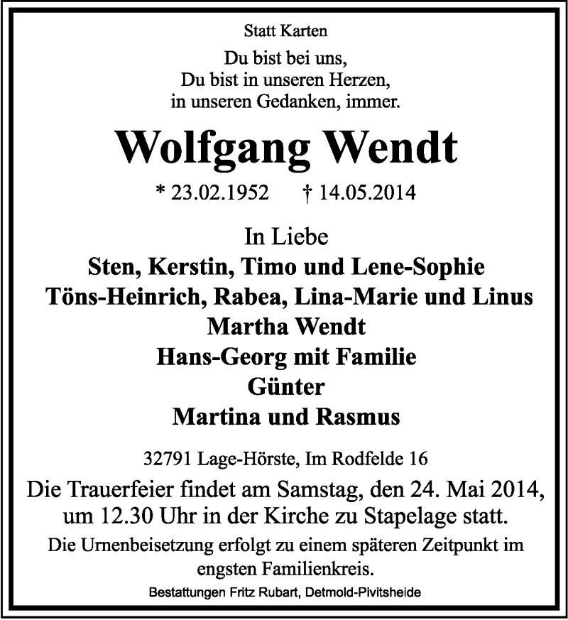  Traueranzeige für Wolfgang Wendt vom 17.05.2014 aus Lippische Landes-Zeitung