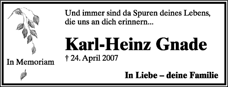  Traueranzeige für Karl-Heinz Gnade vom 22.04.2011 aus Lippische Landes-Zeitung