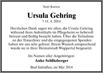 Anzeige  Ursula Gehring  Lippische Landes-Zeitung