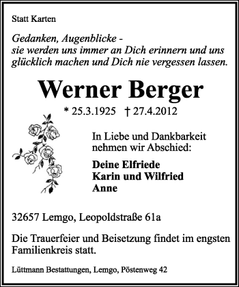 Anzeige  Werner Berger  Lippische Landes-Zeitung