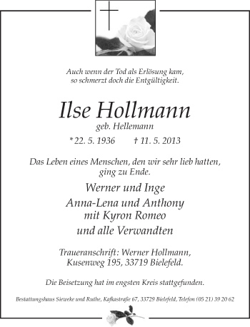 Anzeige  Ilse Hollmann  Lippische Landes-Zeitung