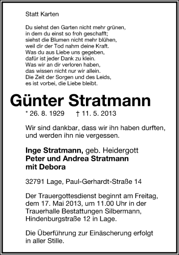 Anzeige  Günter Stratmann  Lippische Landes-Zeitung