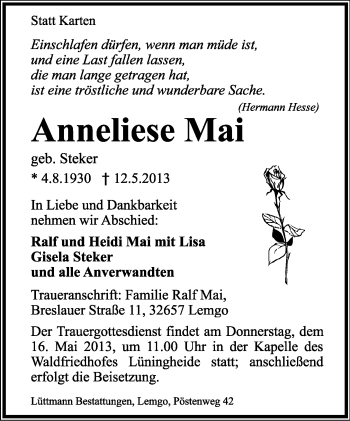 Anzeige  Anneliese Mai  Lippische Landes-Zeitung