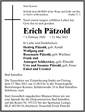 Anzeige  Erich Pätzold  Lippische Landes-Zeitung