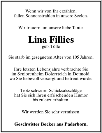 Anzeige  Lina Fillies  Lippische Landes-Zeitung