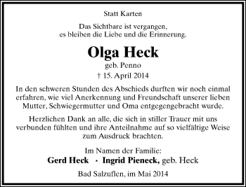 Anzeige  Olga Heck  Lippische Landes-Zeitung