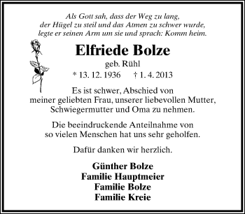 Anzeige  Elfriede Bolze  Lippische Landes-Zeitung