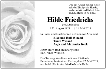 Anzeige  Hilde Friedrichs  Lippische Landes-Zeitung